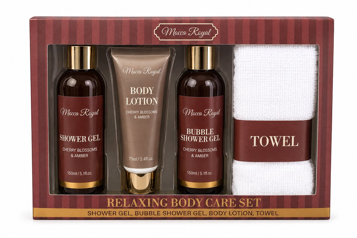 HEM Verzorgingsset Dames Rood – Kersenbloesem & Amber – Douchegel, Bad- en Douchegel, Bodylotion & Handdoek – Inclusief HEM Microvezeldoekje