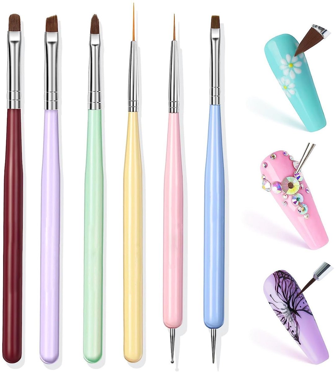 Nail art penseelset - 6 penselen voor gelnagels - fijne punten - ideaal voor nail art - ShopVlot