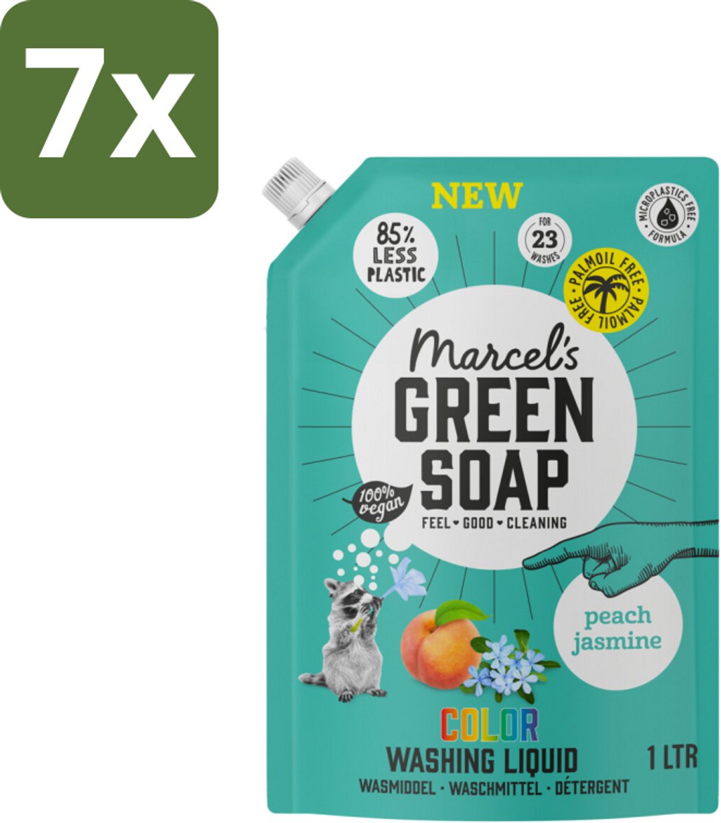 Marcel's Green Soap - Vloeibaar Wasmiddel - Kleur - Navulling - Perzik & Jasmijn - Effectief & natuurlijk - 23 Wasbeurten - 1 liter - Bulkverpakking - 7 stuks
