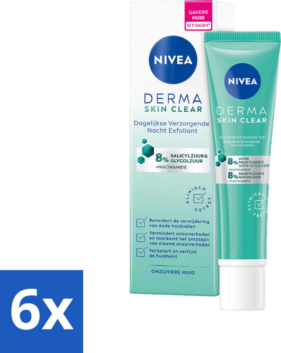 NIVEA - Nacht Exfoliant - DERMA Huidzuiver Dagelijkse Verzorging - Met Salicylzuur (AHA), Glycolzuur & Niacinamide - Tegen Acne & Mee-eters - 40 ml - Voordeelverpakking - 6 stuks