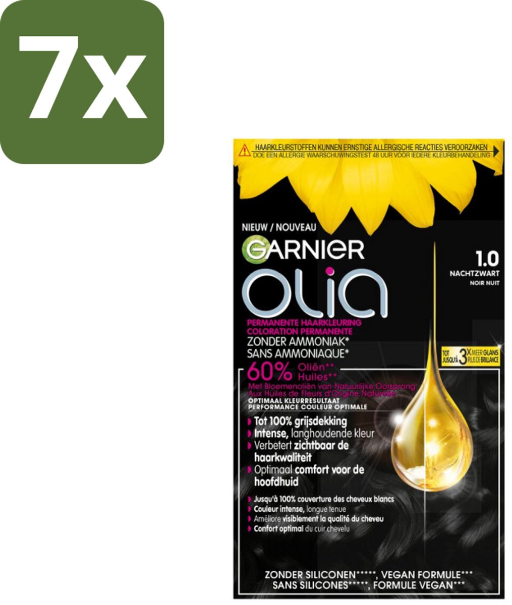 Garnier - Olia 1 - Haarkleuring - Zwart - Zonder Ammoniak - Intense Langhoudende Kleur - 100% Grijsdekking - Bulkverpakking - 7 stuks