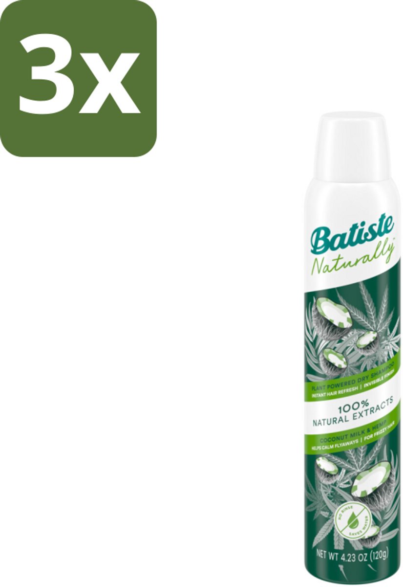 Batiste - Naturally Coconut Milk & Hemp Seed Oil - Droogshampoo - Anti-Pluis en Verfrist - 100% Natuurlijk - 200ml - Bulkverpakking - 3 stuks