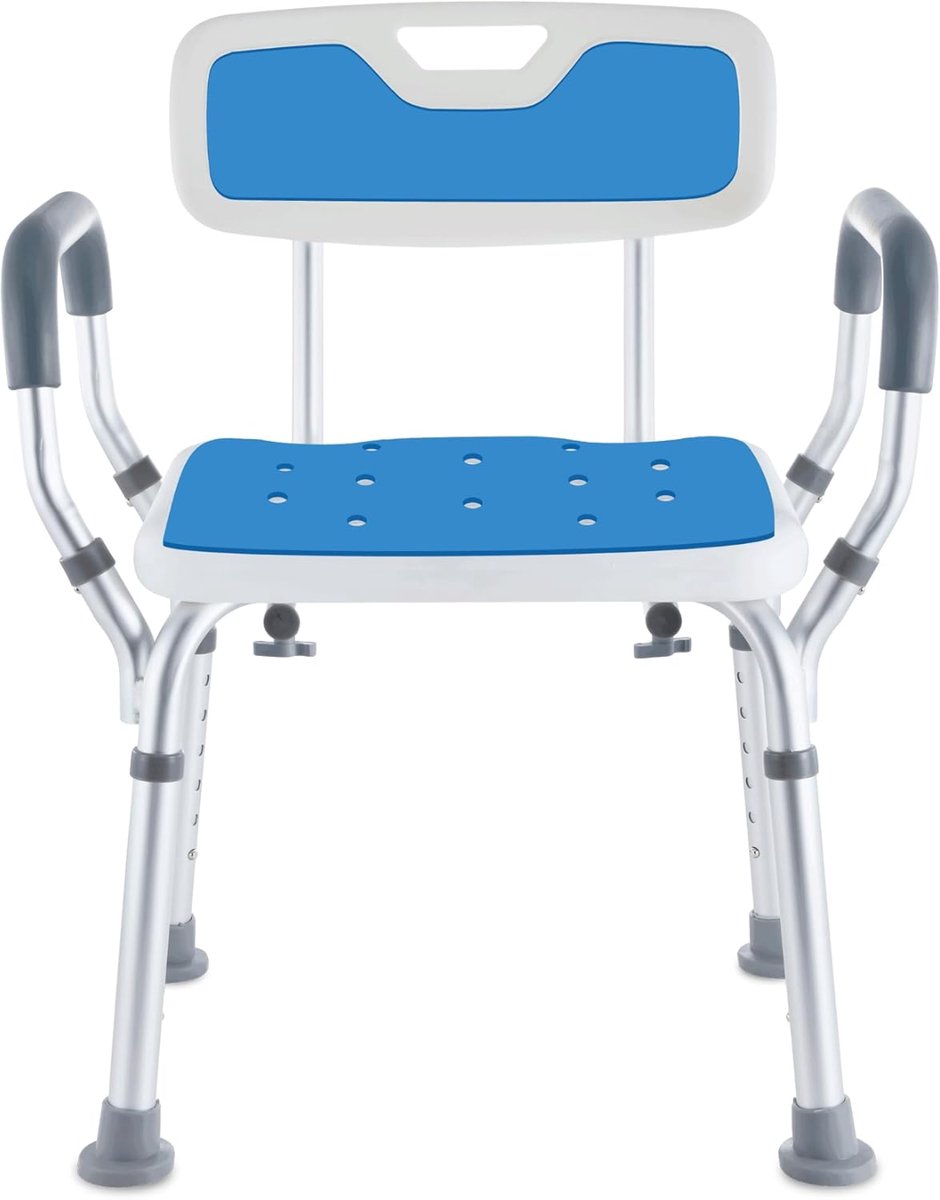 Lìon® Douchestoel Met Armleuning - Douchestoel - Douchekrukje In Hoogte Verstelbaar - Douchekruk Met Armleuningen - Douchestoel Opklapbaar - Wit en Blauw - 47cm x 50cm x 83cm