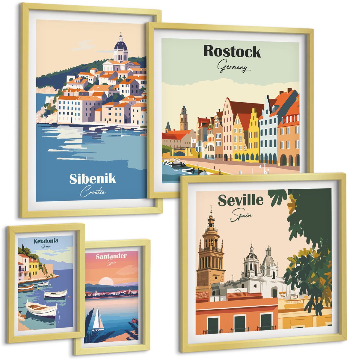 TULUP 5-Delige Schilderij Set - Landschappen van Europese kust- en havensteden - 50 x 50 cm, 20 x 30 cm en 40 x 60 cm - Muurdecoratie - Interieur Decoratie Gouden lijst