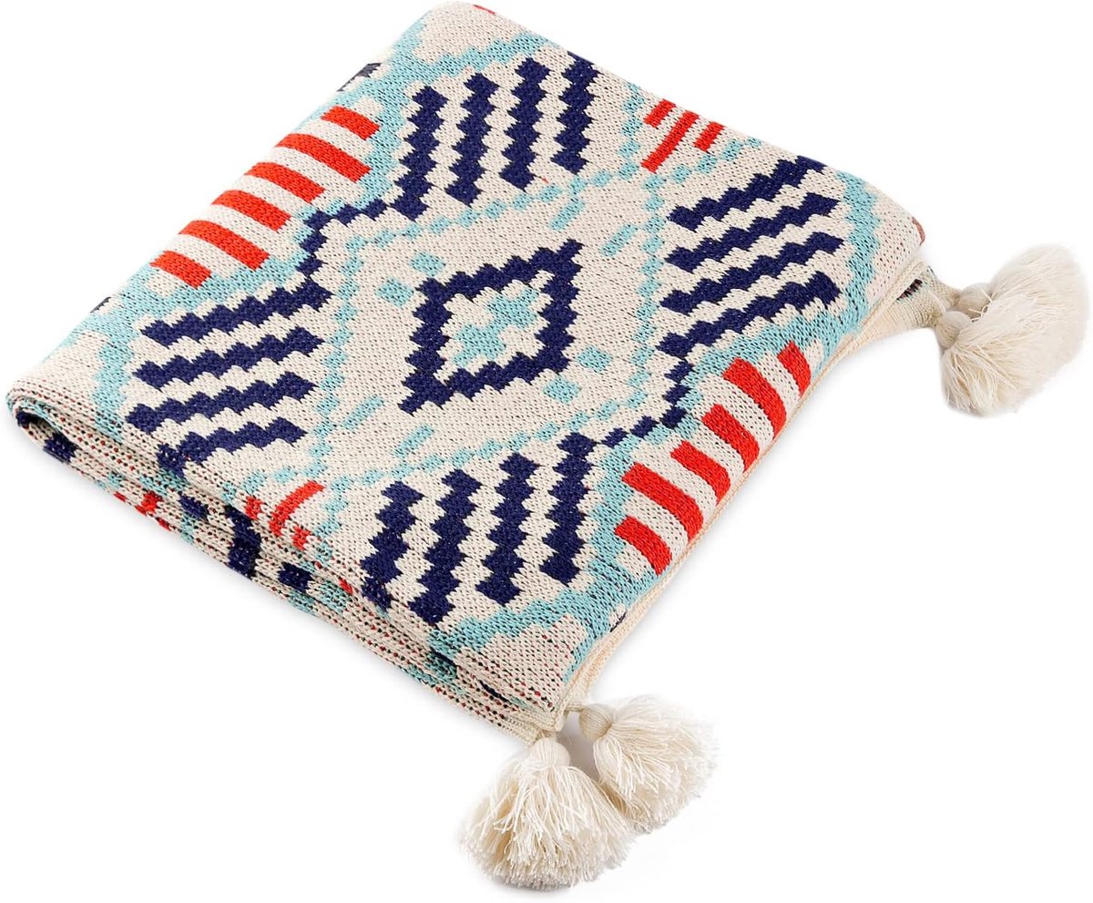 LumiSyne Knitted Blanket Vintage Tassel Bohemian Ethnic Style Geometric Pattern Cozy Armchair Cover Warm Throws for - ShopVlot