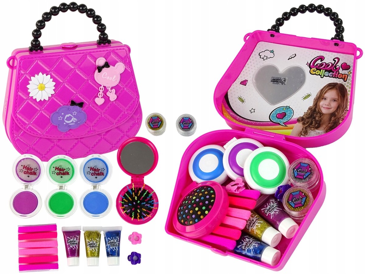 Roze Beauty Set voor Haar in Handtas: Krijt, Elastiekjes, Speldjes, Borstel
