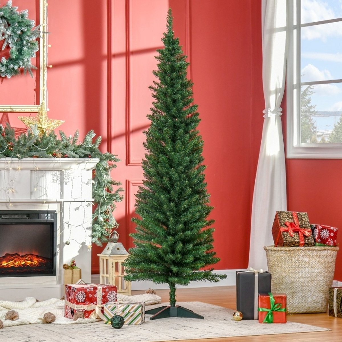 REDOM - Kunstkerstboom - 390 takpunten - Smal model met standaard - Afneembare en opklapbare voetjes - Klassieke stijl - Binnen - Kunststof - Groen - 180 cm