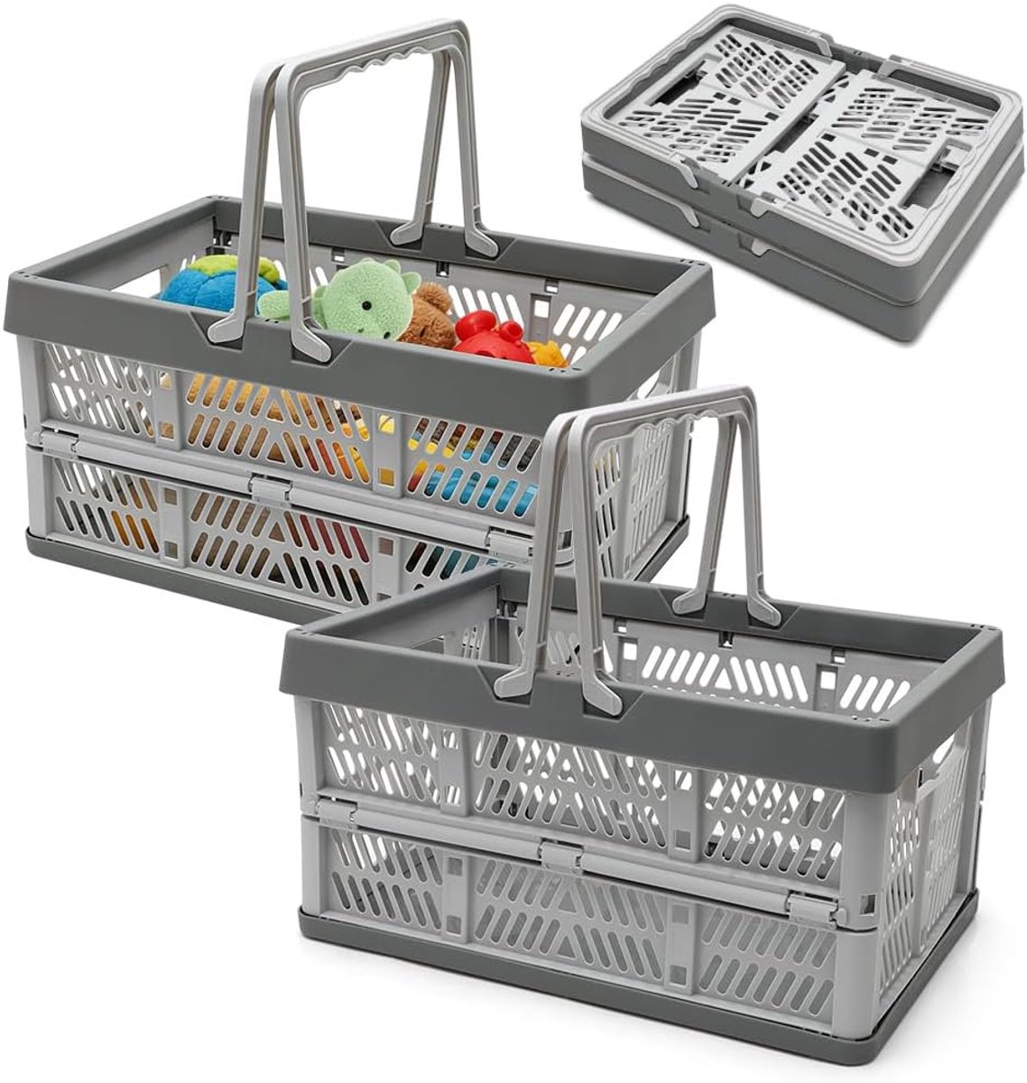 SnelShoppen - Pack van 2 Vouwbare Opbergdozen met Handvat, Handige Winkelmand, Vouwbaar, Draagbaar, Plastic, Ruimtebesparend en Stevig voor Thuis, Keu