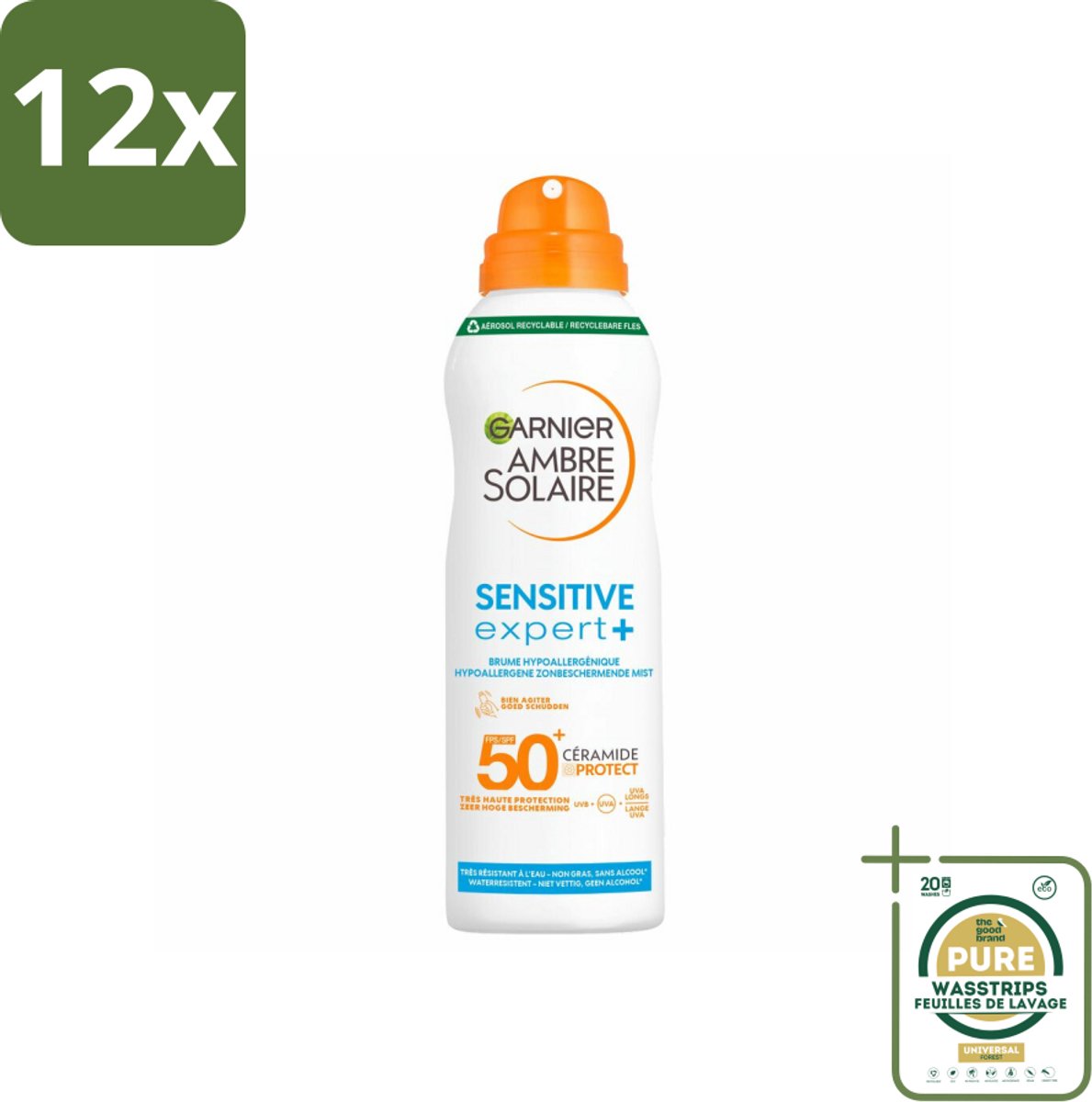 Garnier - Ambre Solaire - Mist Spray - Sensitive Expert+ - SPF 50+ - 150 ml - Voordeelverpakking - 12 stuks - Gevoelige huid - SPF 50