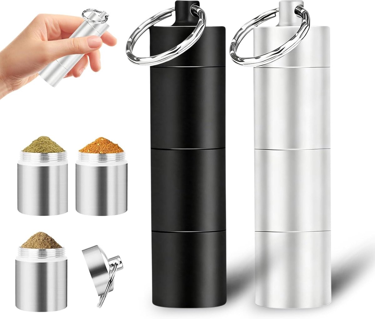 Mini zoutshakers sleutelhanger - 2 stuks - zwart/zilver - waterdicht aluminium - ideaal voor onderweg - ShopVlot