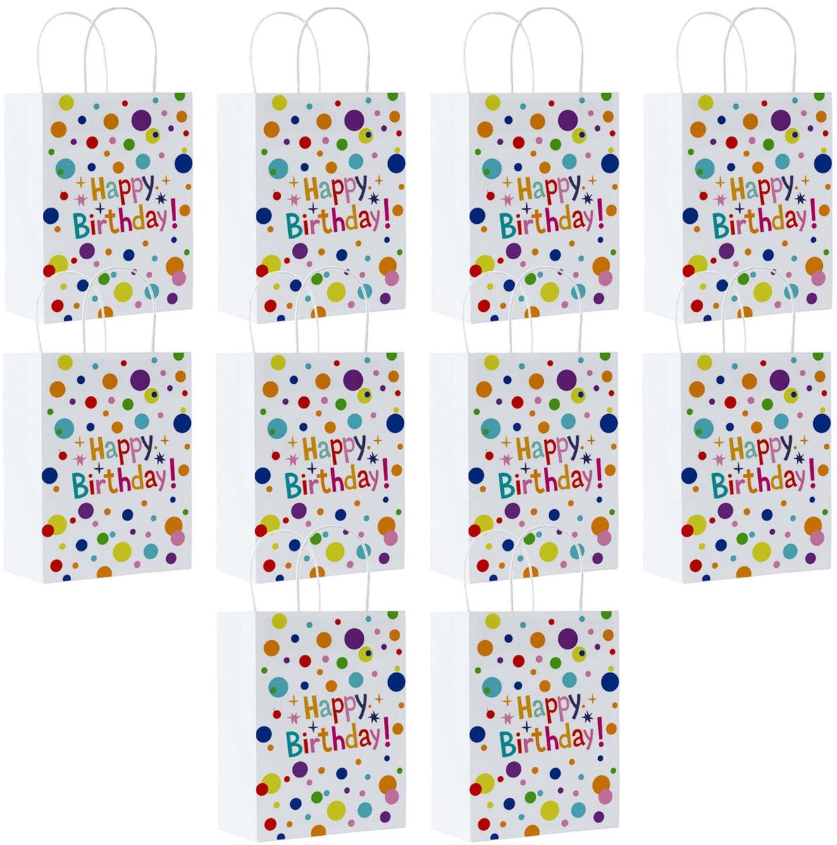 Kraftzakken met handgrepen - 10 stuks - Happy Birthday-design - ideaal voor cadeauverpakking - ShopVlot