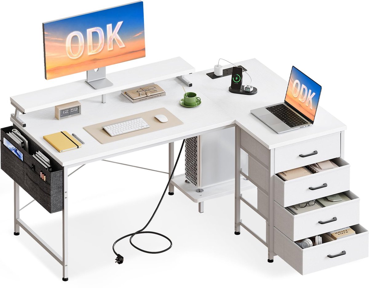 Hoekbureau met laden 55 inch - L-vormig wit - USB-oplaadpoort en stopcontact - Perfect voor thuiskantoor - ShopVlot