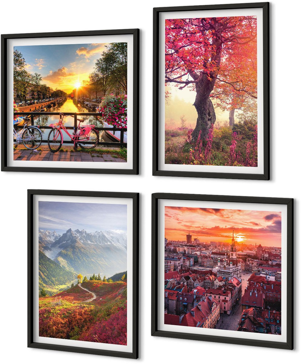 Coloray 4-Delige Schilderij Set - Berglandschappen Met Een Fiets En Een Herfstboom - 40 x 40 cm En 40 x 60 cm - Muurdecoratie - Wanddecoratie - Hal - Woonkamer Decoratie Zwarte lijst
