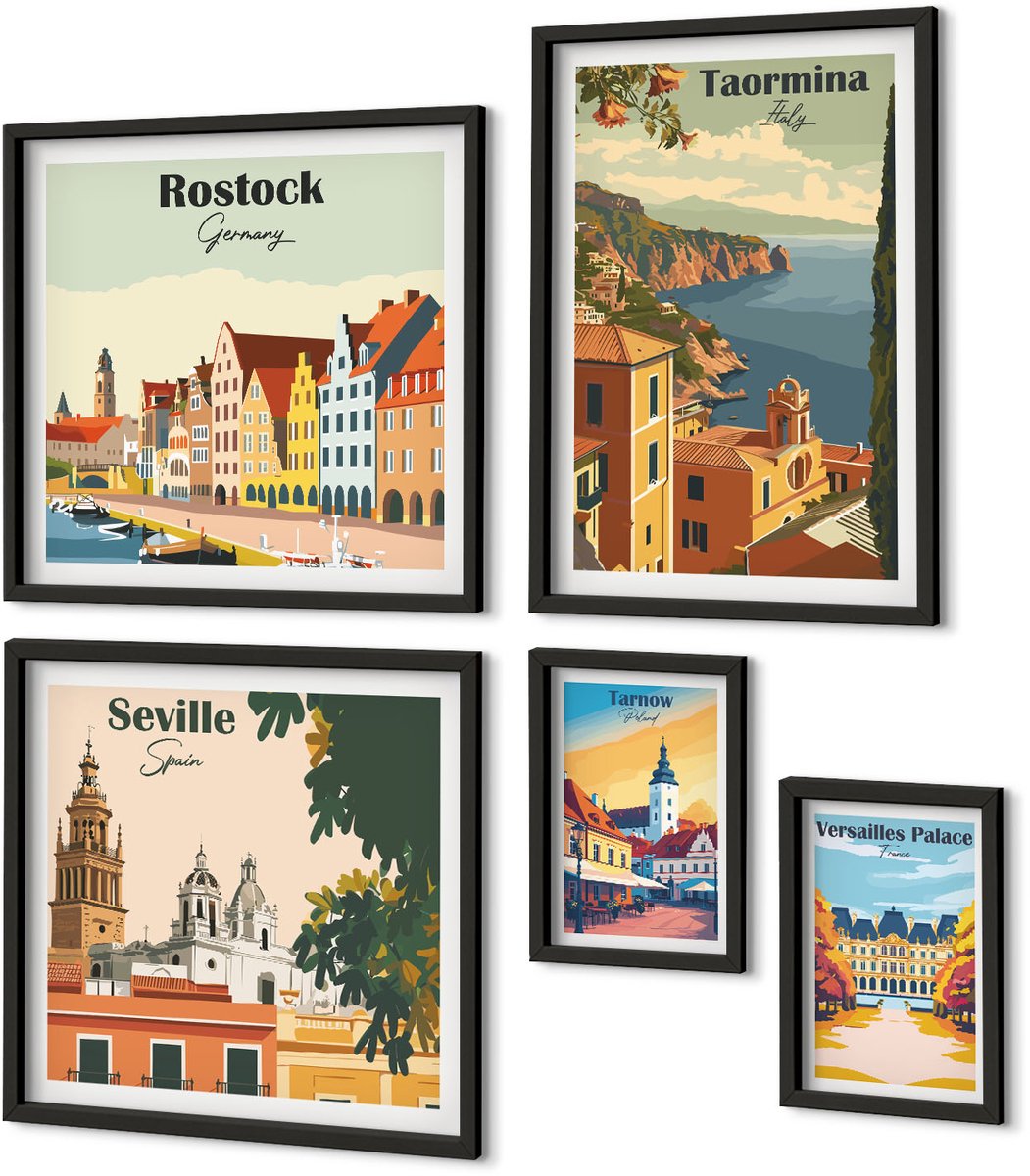 Coloray 5-Delige Schilderij Set - Landschappen Van Europese Steden Met Architectonische Iconen - 50 x 50 cm, 20 x 30 cm En 40 x 60 cm - Wanddecoratie - Schilderijen Set - Kantoor - Stijlvolle Muurdecoratie