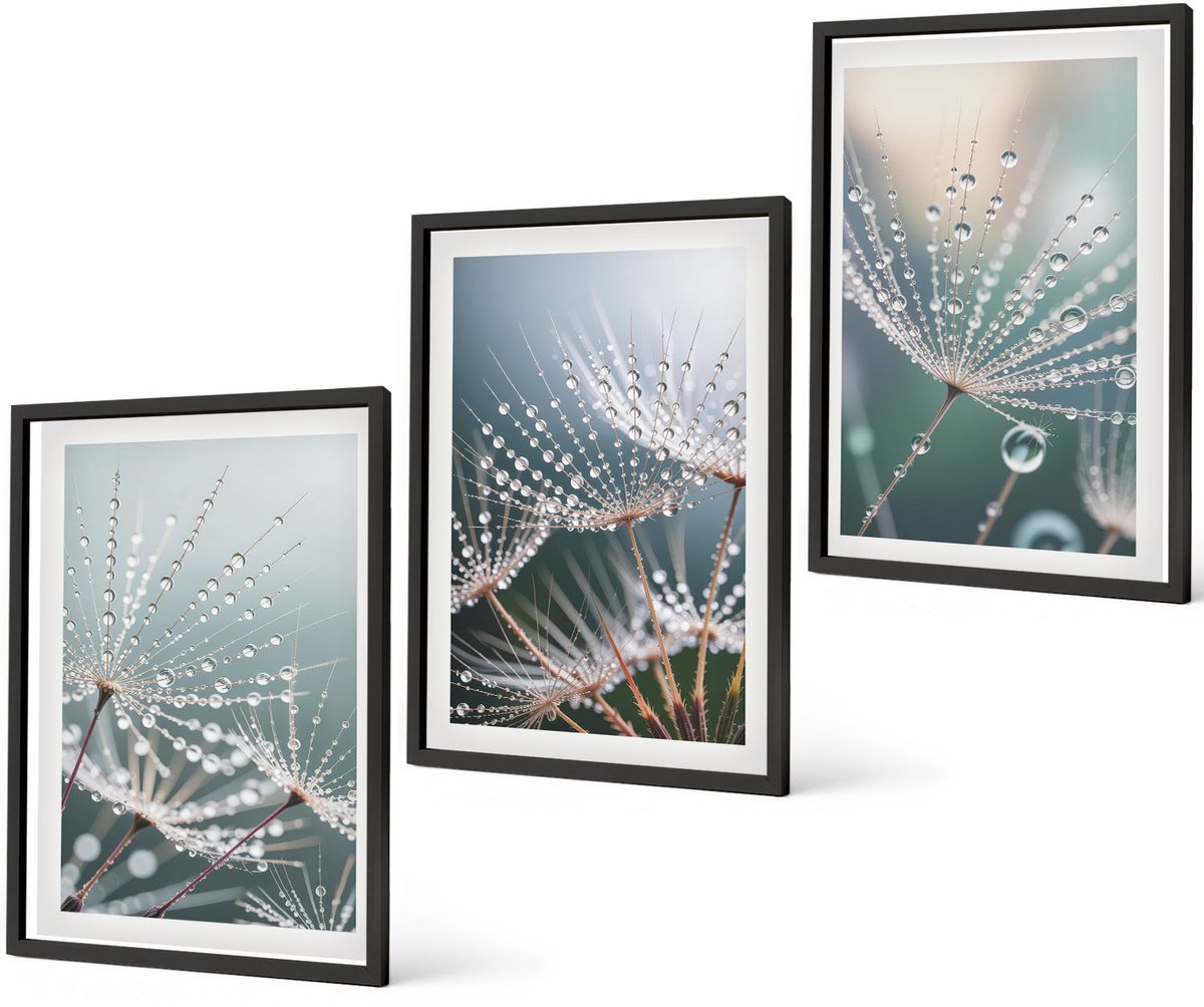 Coloray 3-Delige Schilderij Set - Waterdruppels Op De Tere Scheuten Van Paardenbloemen - 40 x 60 cm - Muurdecoratie - Schilderijen Set - Woonkamer