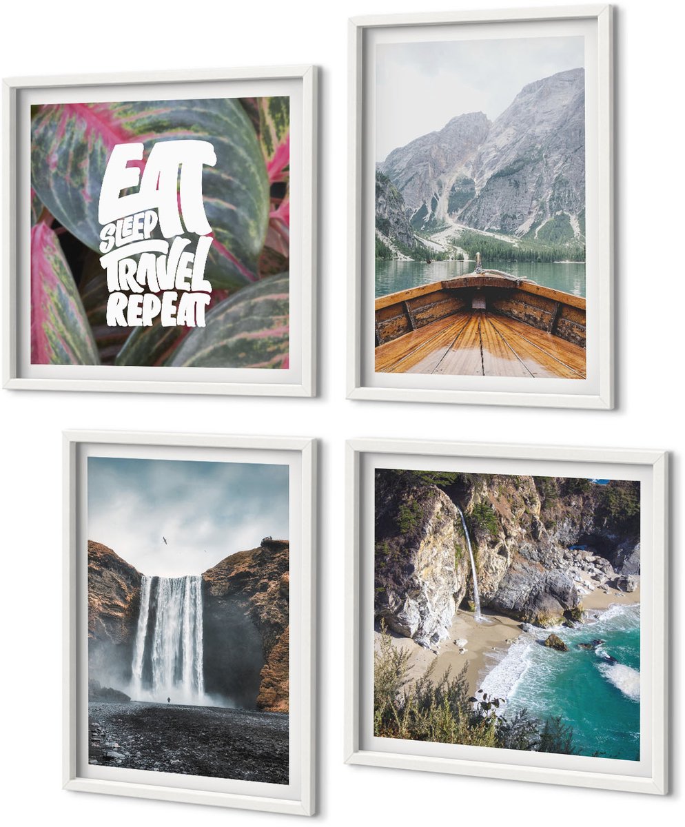 Coloray 4-Delige Schilderij Set - Waterval Bergen Reizen Natuur Lodz | Vegetatie - 40 x 40 En 40 x 60 - Muurdecoratie - Interieur Decoratie - Moderne Wanddecoratie