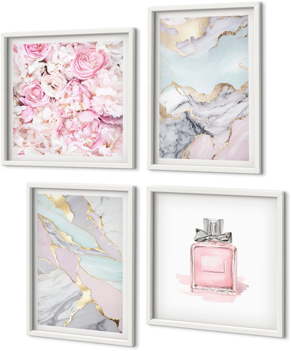 Coloray 4-Delige Schilderij Set - Roze Bloemen Met Marmer- En Pastelpatronen - 40 x 40 En 40 x 60 - Wanddecoratie - Muurdecoratie - Woonkamer - Woonkamer Decoratie