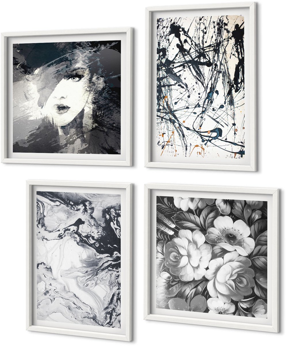 Coloray 4-Delige Schilderij Set - Abstracte Patronen In Zwart-Wit Tinten - 40 x 40 En 40 x 60 - Muurdecoratie - Schilderijen Set - Woonkamer - Interieur Decoratie