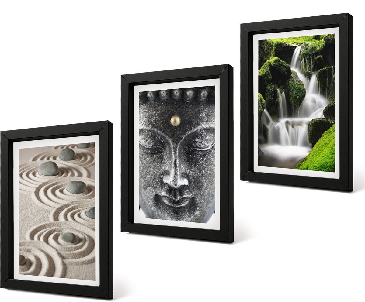 Coloray 4-Delige Schilderij Set - Rust van de natuur met stenen, een waterval en een Boeddha. - 20 x 30 cm - Stijlvolle Muurdecoratie - Kantoor - Decoratieve Schilderijen