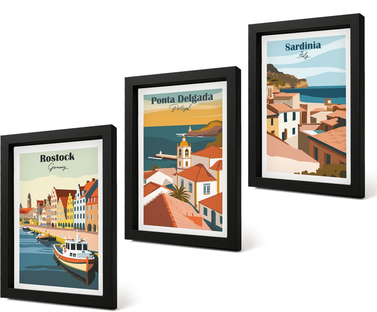 Coloray 4-Delige Schilderij Set - Uitzichten op Europese kust- en havensteden - 20 x 30 cm - Wanddecoratie - Schilderijen Set - Interieur - Decoratieve Schilderijen