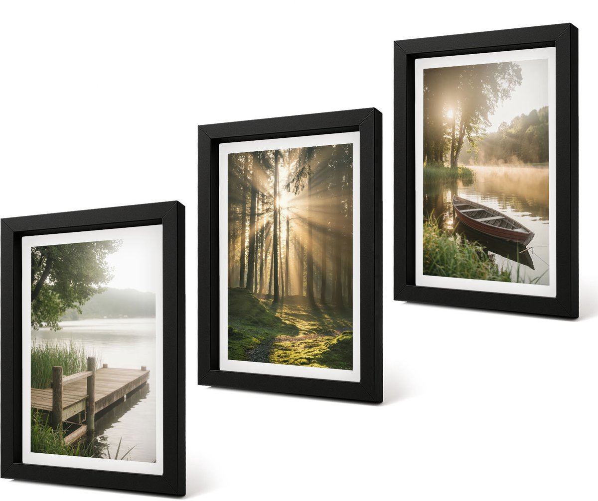 Coloray 4-Delige Schilderij Set - Rustig meer, bos en boot in de ochtendmist - 20 x 30 cm - Wanddecoratie - Schilderijen Set - Interieur