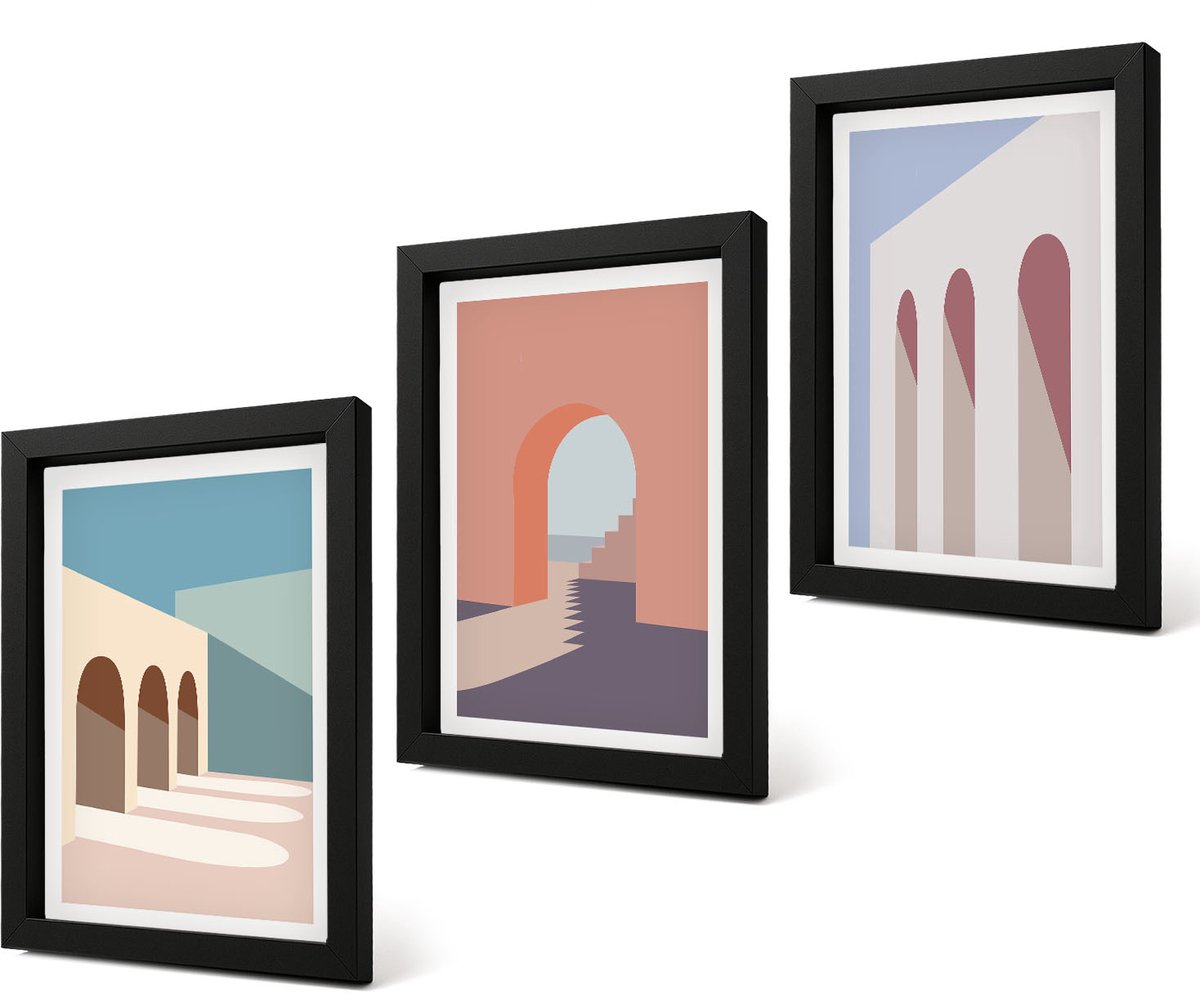 Coloray 4-Delige Schilderij Set - Pastel minimalistische stedelijke architectuurafbeeldingen - 20 x 30 cm - Stijlvolle Muurdecoratie - Slaapkamer