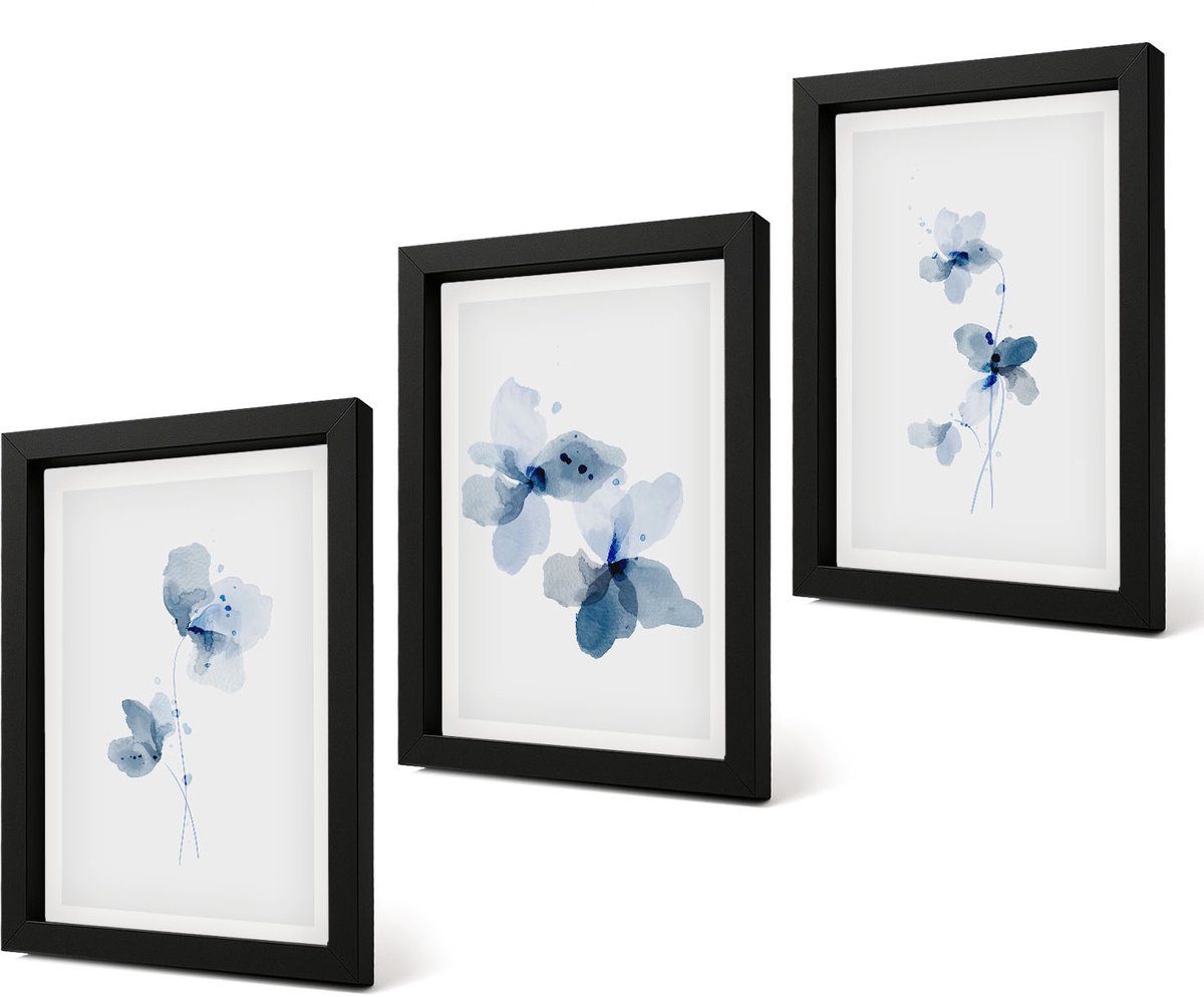 Coloray 4-Delige Schilderij Set - Bloemen in verschillende blauwtinten op een lichte achtergrond - 20 x 30 cm - Decoratieve Muurdecoratie - Slaapkamer - Moderne Wanddecoratie Zwarte lijst