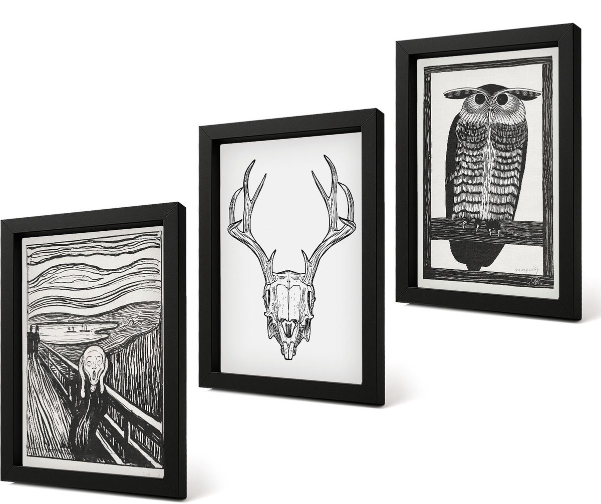 Coloray 4-Delige Schilderij Set - Inspiratiebeeld: Schreeuw met schedel en uil in grafische stijl - 20 x 30 cm - Wanddecoratie - Schilderijen Set - Kantoor - Muurdecoratie