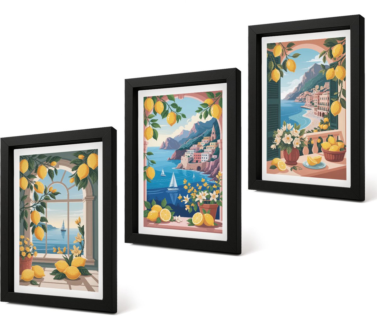 Coloray 4-Delige Schilderij Set - Zeezichtraam met Italiaanse citroenen - 20 x 30 cm - Moderne Wanddecoratie - Woonkamer - Muurdecoratie