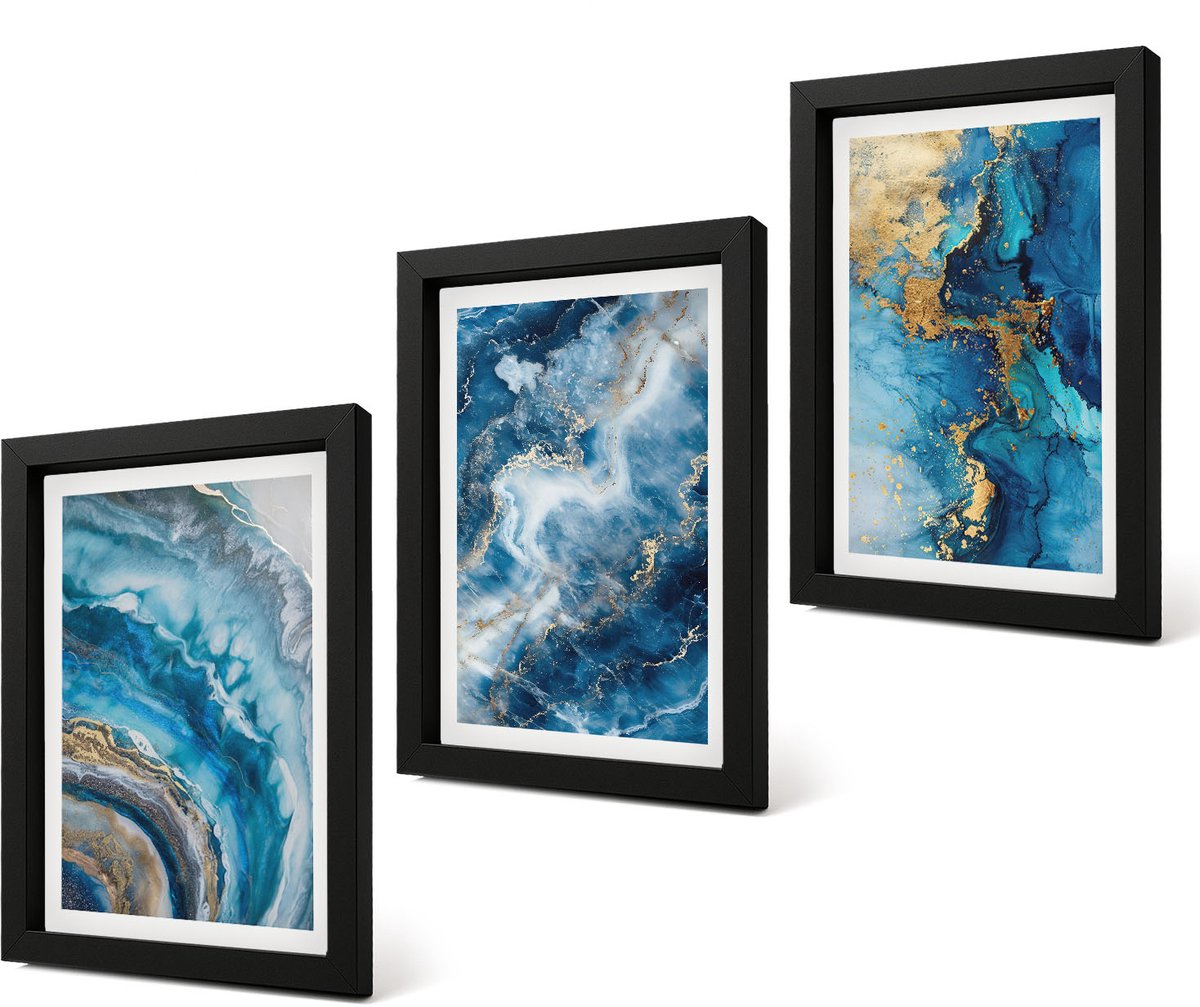 Coloray 4-Delige Schilderij Set - Blauwe abstracte patronen in drie schilderijen - 20 x 30 cm - Muurdecoratie - Interieur Decoratie