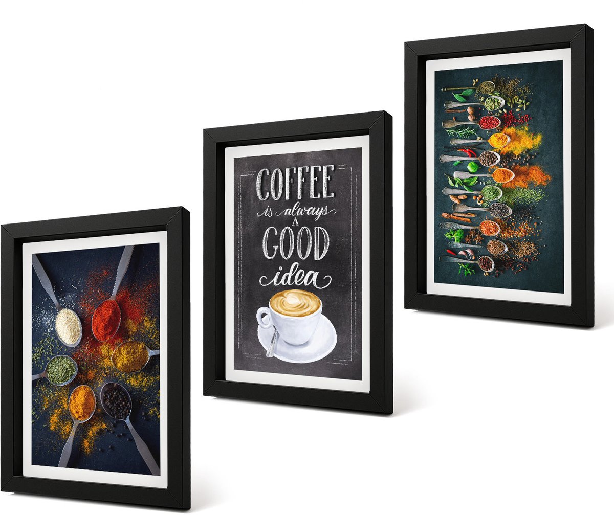 Coloray 4-Delige Schilderij Set - Specerijen Koffie met Kopje Kruiden Keukenpatronen - 20 x 30 cm - Wanddecoratie - Muurdecoratie - Moderne Interieurdecoratie - Stijlvolle Muurdecoratie