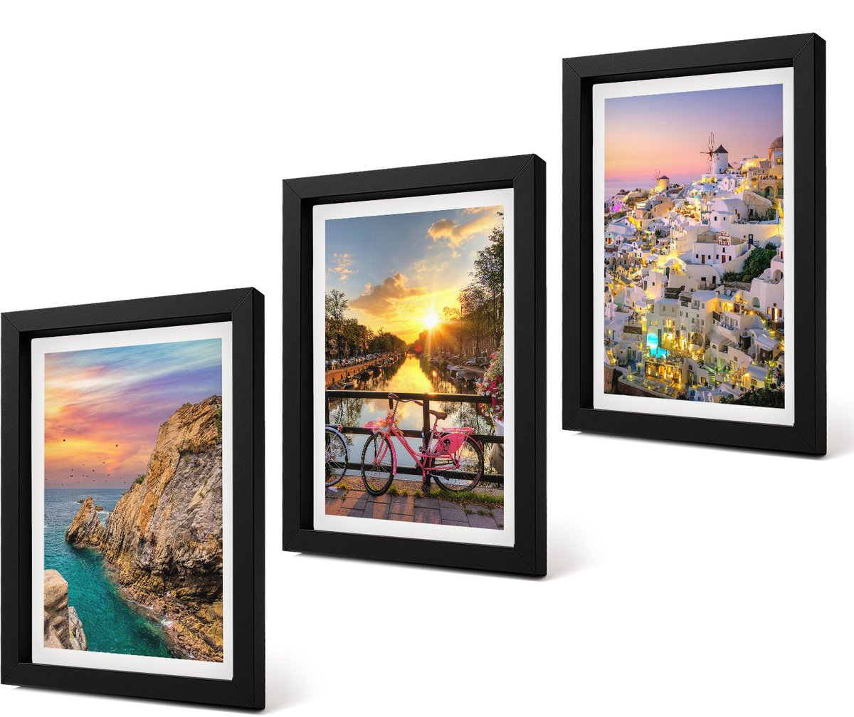 Coloray 4-Delige Schilderij Set - Uitzicht op zee met zonsondergang en de stad - 20 x 30 cm - Muurdecoratie - Decoratieve Schilderijen - Wohnzimmer - Wanddecoratie