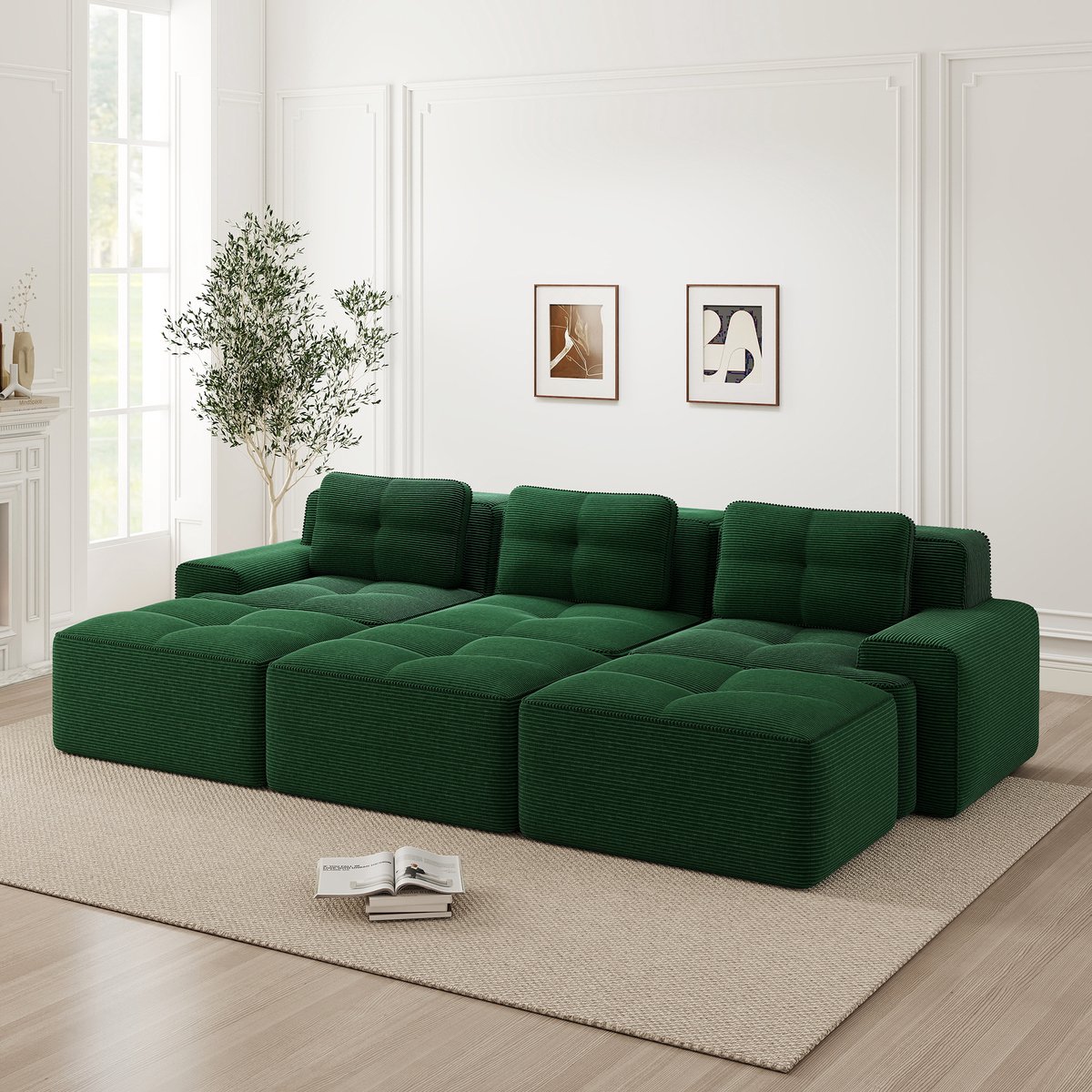 Modulaire slaapbank 3-zits met 3 hockers - Woonkamer - Groen corduroy - Cloud comfort met diepe zit 74 cm - Montagevrij en antislip - Huisdiervriendelijk en ademend
