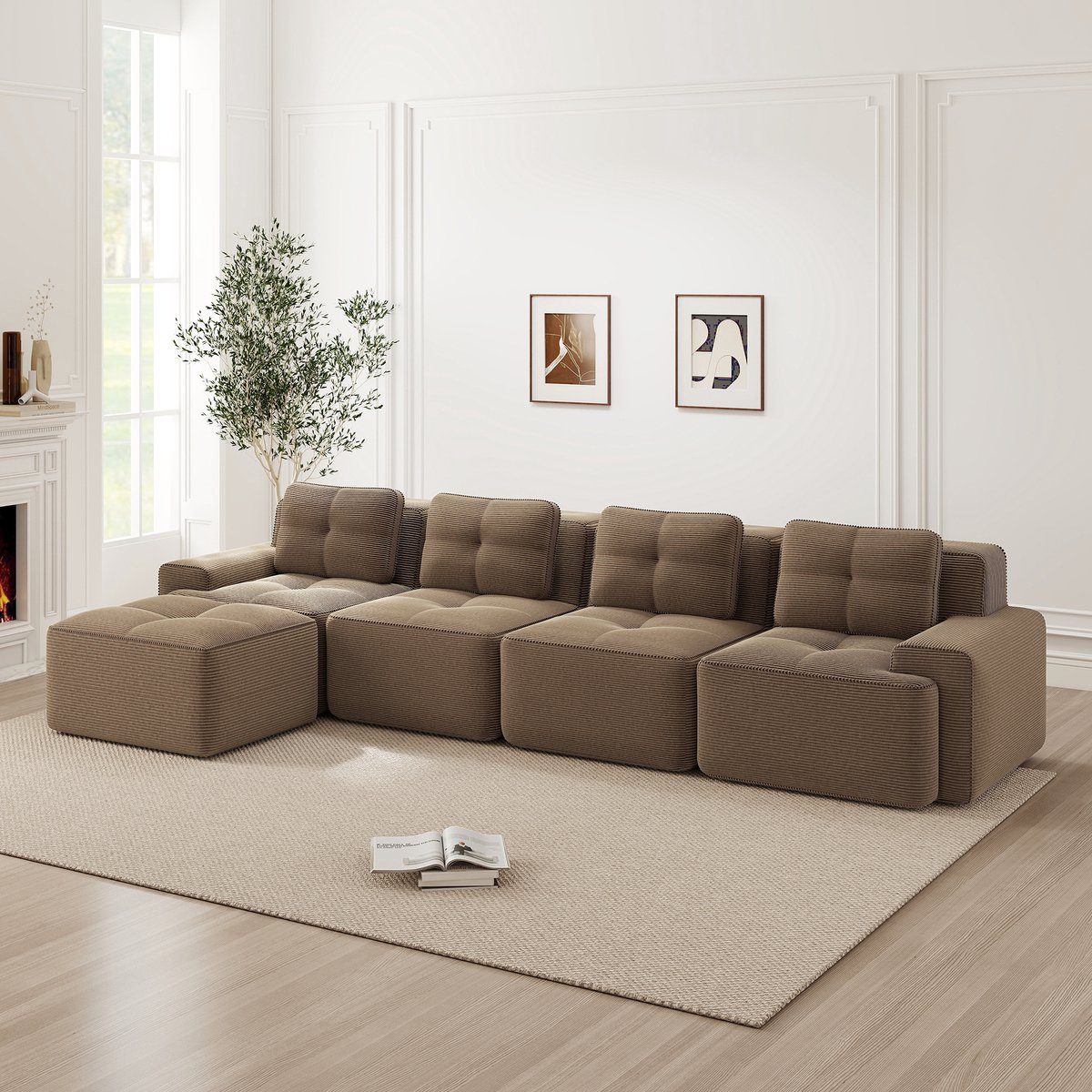 Modulaire L-vormige bank zonder frame - Geschikt voor woonkamer - 4-zits - Bruin - Zachte corduroy, 74 cm diepe zit - Geen montage, antislip - 32D schuim, huisdierbestendig