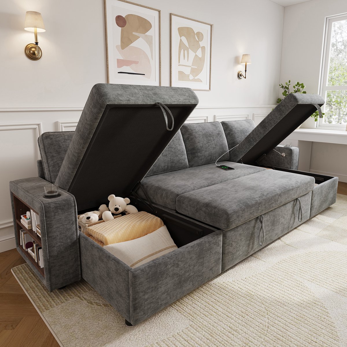 U-vormige slaapbank met bedfunctie - Woonkamer en logeerbed - 4-5 personen - Grijs chenille - Uitschuifbare chaise longue en opbergvakken - USB/Type-C en bekerhouders