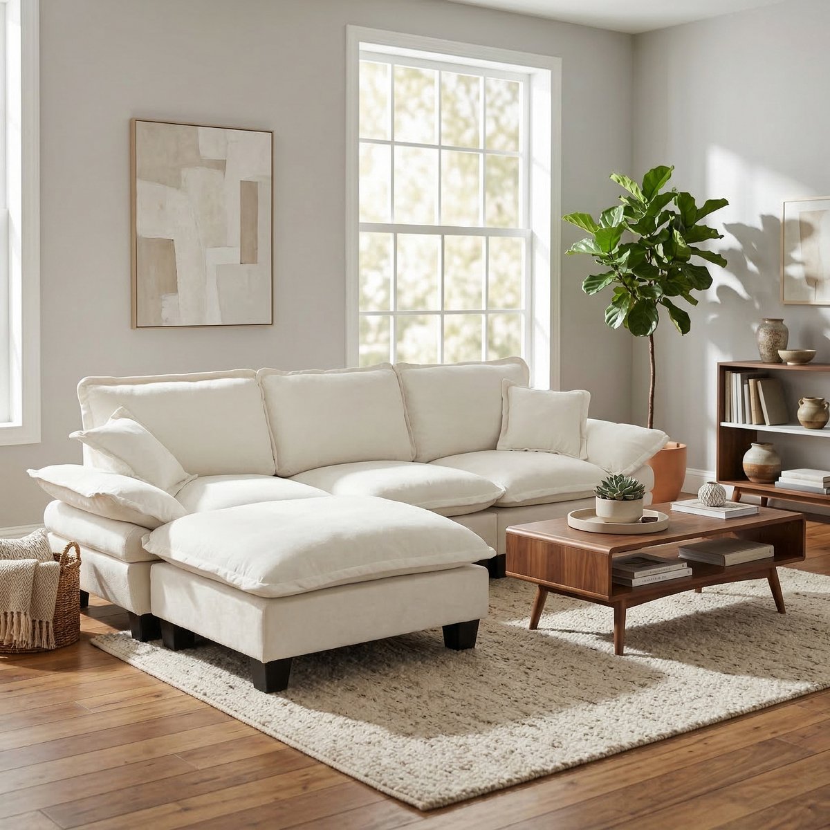 Modulaire L-vormige bank met ottoman - 263x151x90 cm zeilbootdesign - 3-4 zitplaatsen - Beige - Zachte chenille en hoogwaardig schuim - Verwijderbare armleuningen en 2 kussens - Geschikt voor woonkamer en appartement