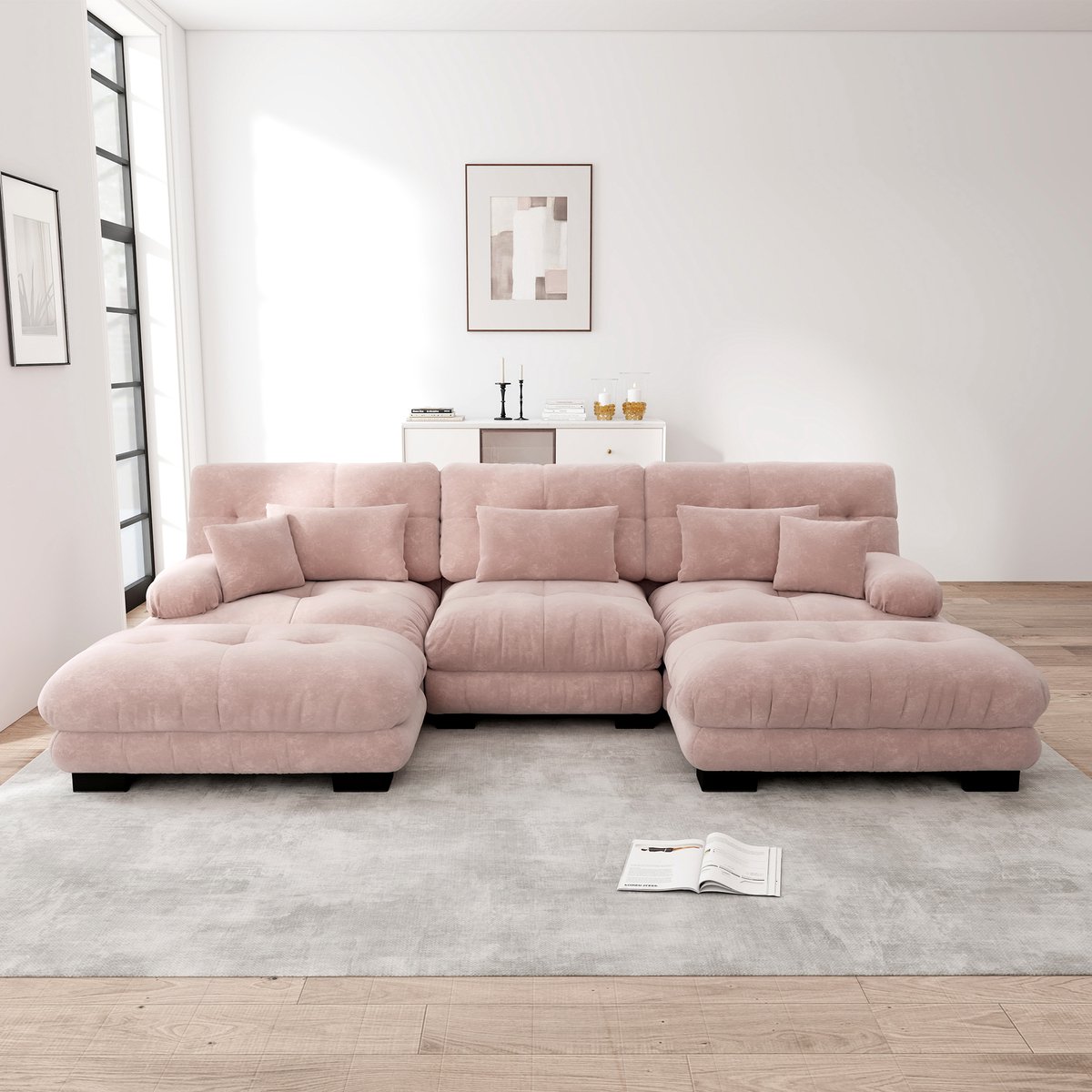 Modulaire U-vormige slaapbank met ottoman - voor woonkamer en logeerruimte - 4-6 persoons - Roze - chenille stof, diepe zit - ronde armleuningen (hoofdsteun) - cloud comfort, geen montage
