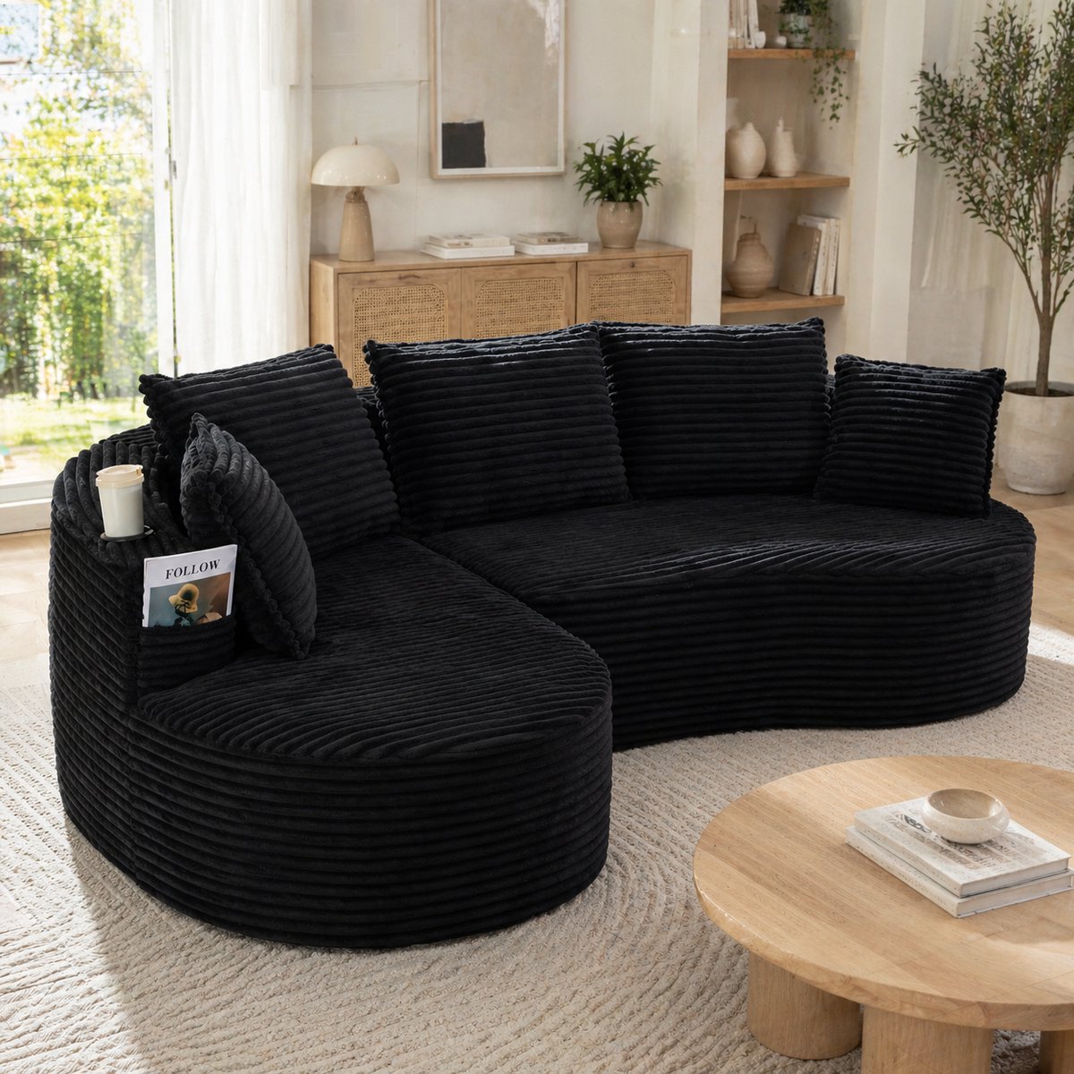Bogesofa van cord met bekerhouder en opbergtas - Ademend en zacht fluweel - 2 zitplaatsen - Inclusief kussen - Hoogwaardig schuim en springkern - Gecomprimeerd geleverd zonder montage - Geschikt voor elke woonruimte