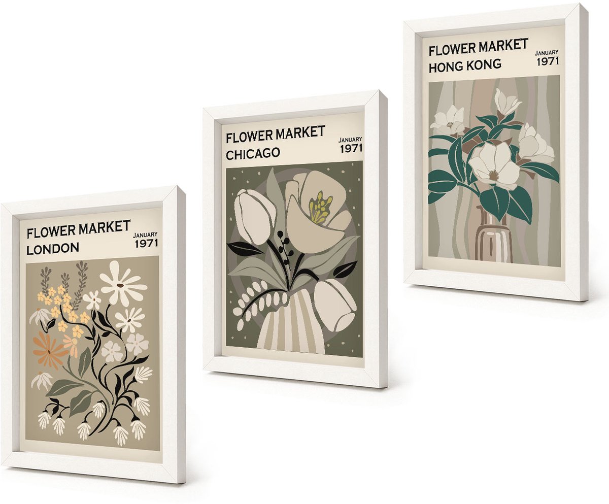 Coloray 3-Delige Schilderij Set - Bloemenbeurzen in Londen, Chicago en Hongkong. - 20x30 - Wanddecoratie - Woonkamer Decoratie - Decoratieve Schilderijen