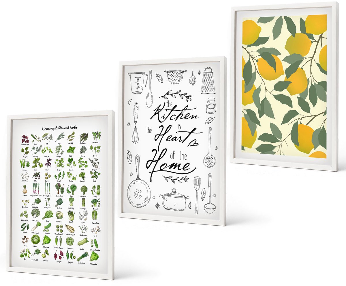 Coloray 3-Delige Schilderij Set - Lijst Met Keukenkruiden, Belettering En Beschilderde Citroenen - 40 x 60 - Muurdecoratie - Interieur Decoratie - Moderne Wanddecoratie