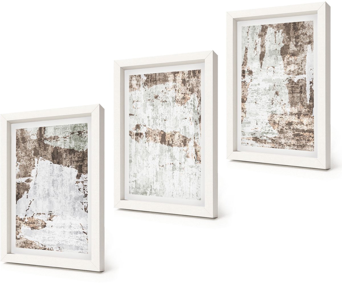 Coloray 3-Delige Schilderij Set - Abstracte patronen in tinten wit en bruin. - 20x30 - Wanddecoratie - Schilderijen Set - Interieur - Muurdecoratie