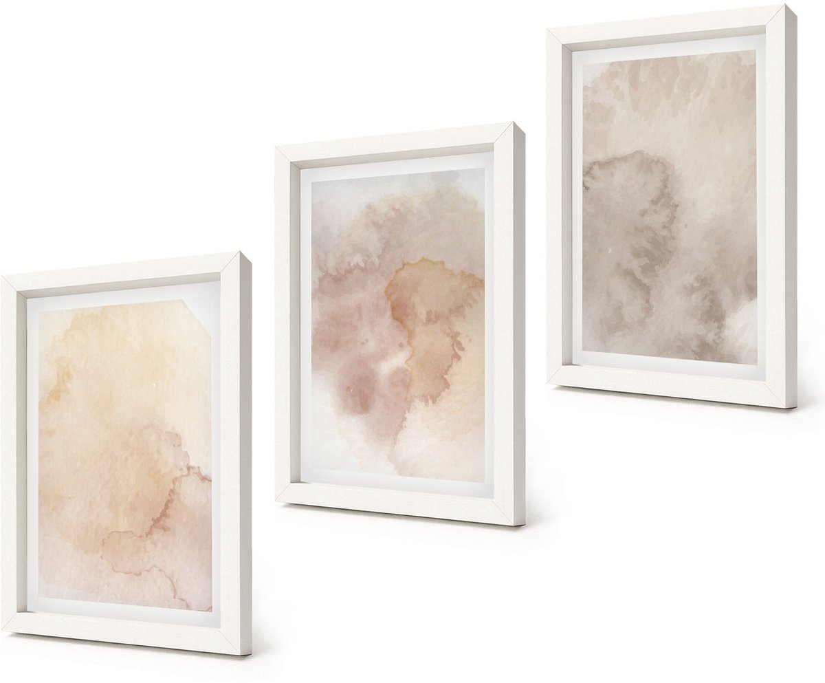 Coloray 3-Delige Schilderij Set - Warme aquarelverf op canvas, pasteltexturen - 20x30 - Muurdecoratie - Schilderijen Set - Woonkamer