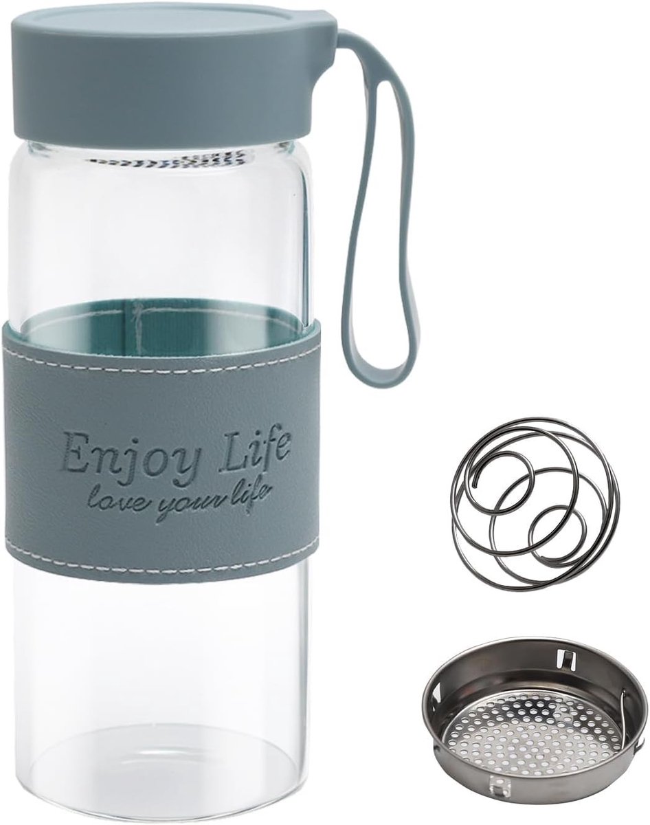 Proteïneshaker - Blauw - 480 ml - Borosilicaatglas met Roestvrijstalen Bol - Voor Eiwitshakes en Sportsupplementen