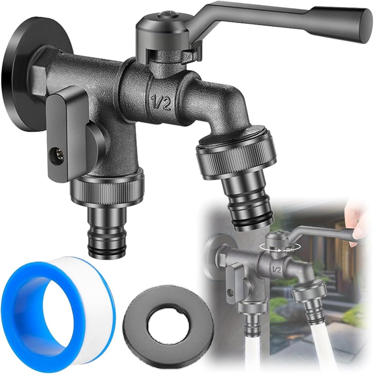 1/2 Inch Double Spout Tap, Garden Tap, Universal Double Spout Tap, Outdoor Tap, Lime Resistant, Frost-Resistant - ShopVlot