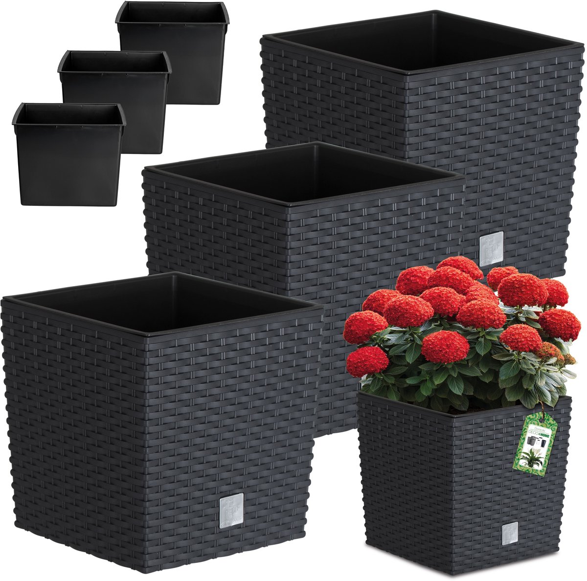 Set van 3 Antraciet Rattan Plantenbakken 17x17cm met Inzetstukken