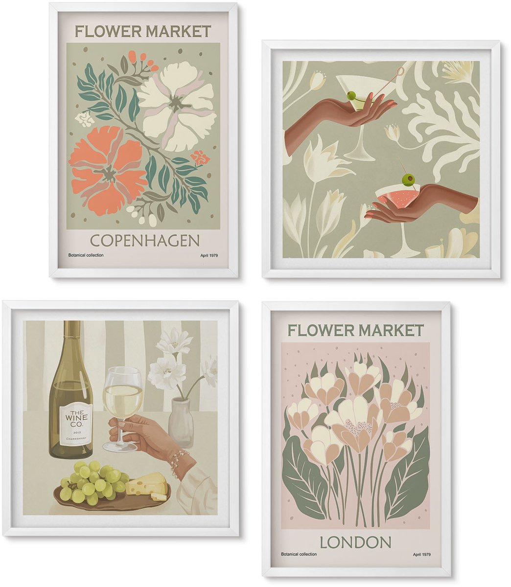 Wallfluent 4-Delige Schilderij Set - Bloemenposters Wijn Kopenhagen Londen - 40 x 40 En 40 x 60 - Moderne Wanddecoratie - Woonkamer - Interieur Decoratie