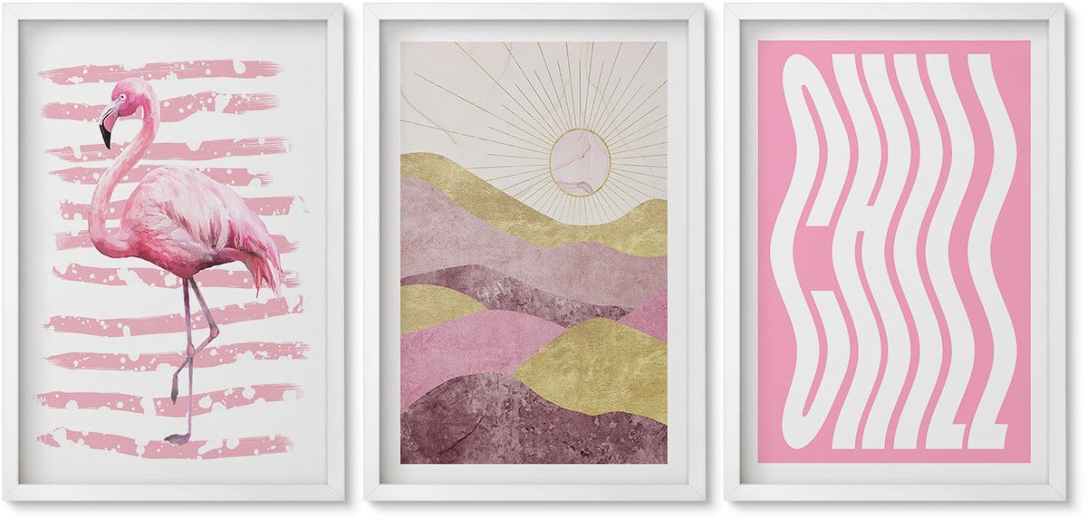 Wallfluent 3-Delige Schilderij Set - Roze Flamingo'S, Pastelkleurig Berglandschap, Relaxte Belettering - 40 x 60 - Muurdecoratie - Decoratieve Schilderijen - Wohnzimmer - Wanddecoratie
