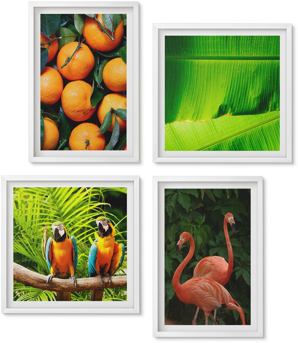 Wallfluent 4-Delige Schilderij Set - Fruitige Accenten Met Papegaaien En Flamingo'S In De Tropen - 40 x 40 En 40 x 60 - Muurdecoratie - Wanddecoratie - Slaapkamer