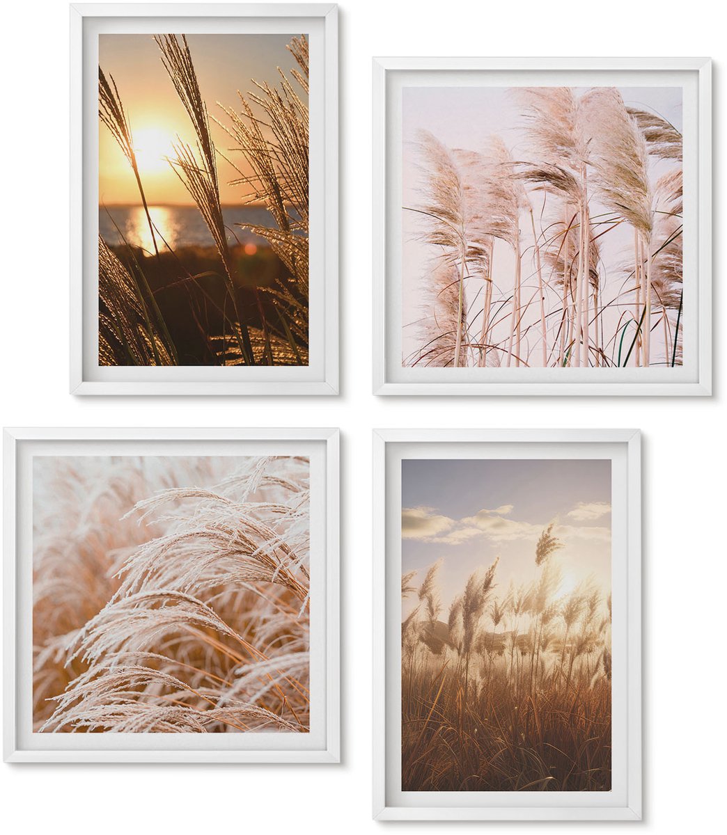 Wallfluent 4-Delige Schilderij Set - Fijne Grassen Van Boho Fields Bij Zonsondergang - 40 x 40 En 40 x 60 - Stijlvolle Muurdecoratie - Slaapkamer - Moderne Wanddecoratie