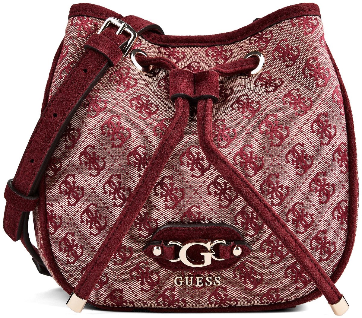 GUESS schoudertas Samantha Mini Bucket Merlot Logo wijnrood